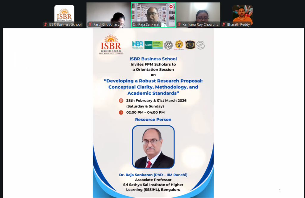 Research proposal development workshop for FPM scholars at ISBR Business School focusing on doctoral research proposal writing and methodology.